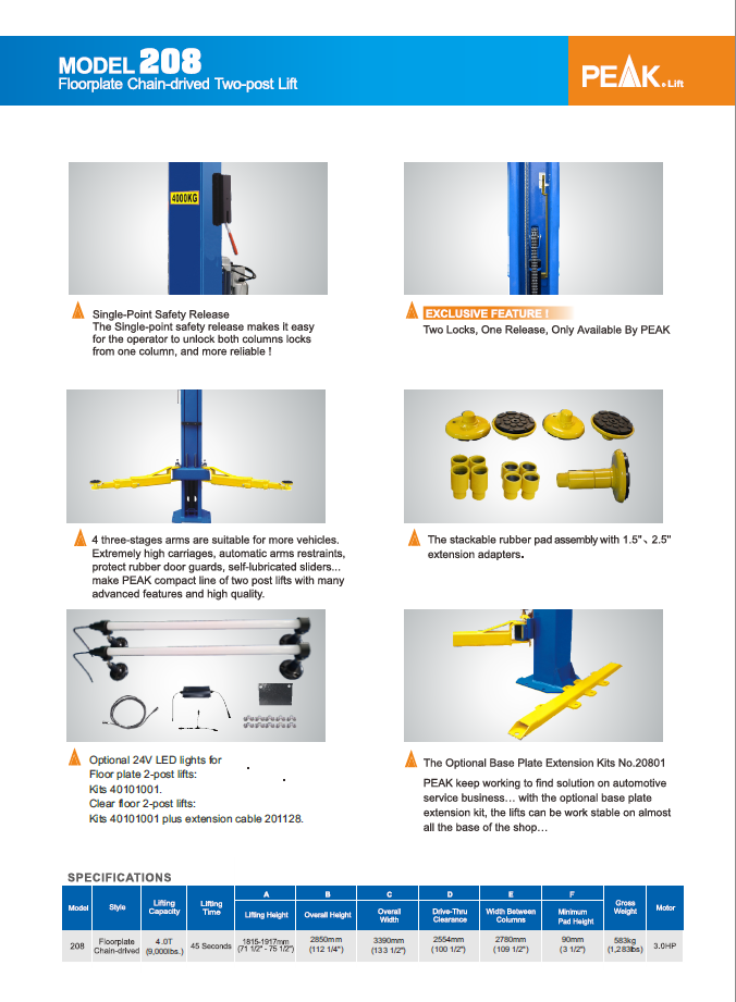 ELEVADOR 2 COL.4.0 TON. 220V. BASE INFERIOR 208