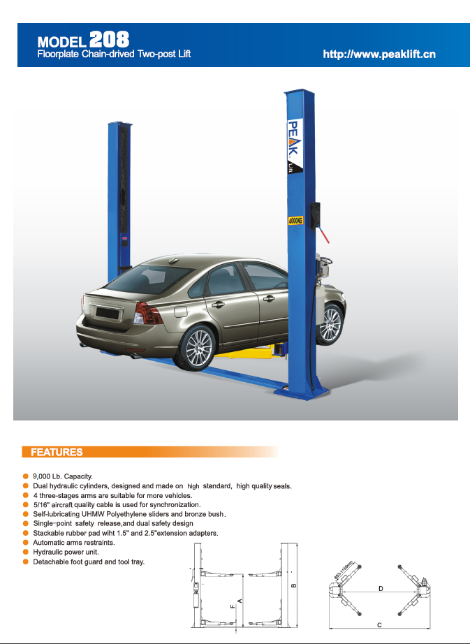 ELEVADOR 2 COL.4.0 TON. 220V. BASE INFERIOR 208