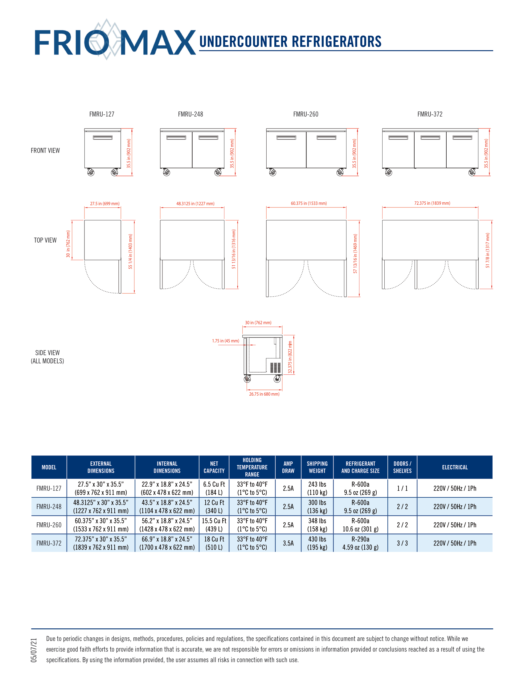 REFRIGERADOR FRIOMAX BAJO MESON 1 PUERTA 27"